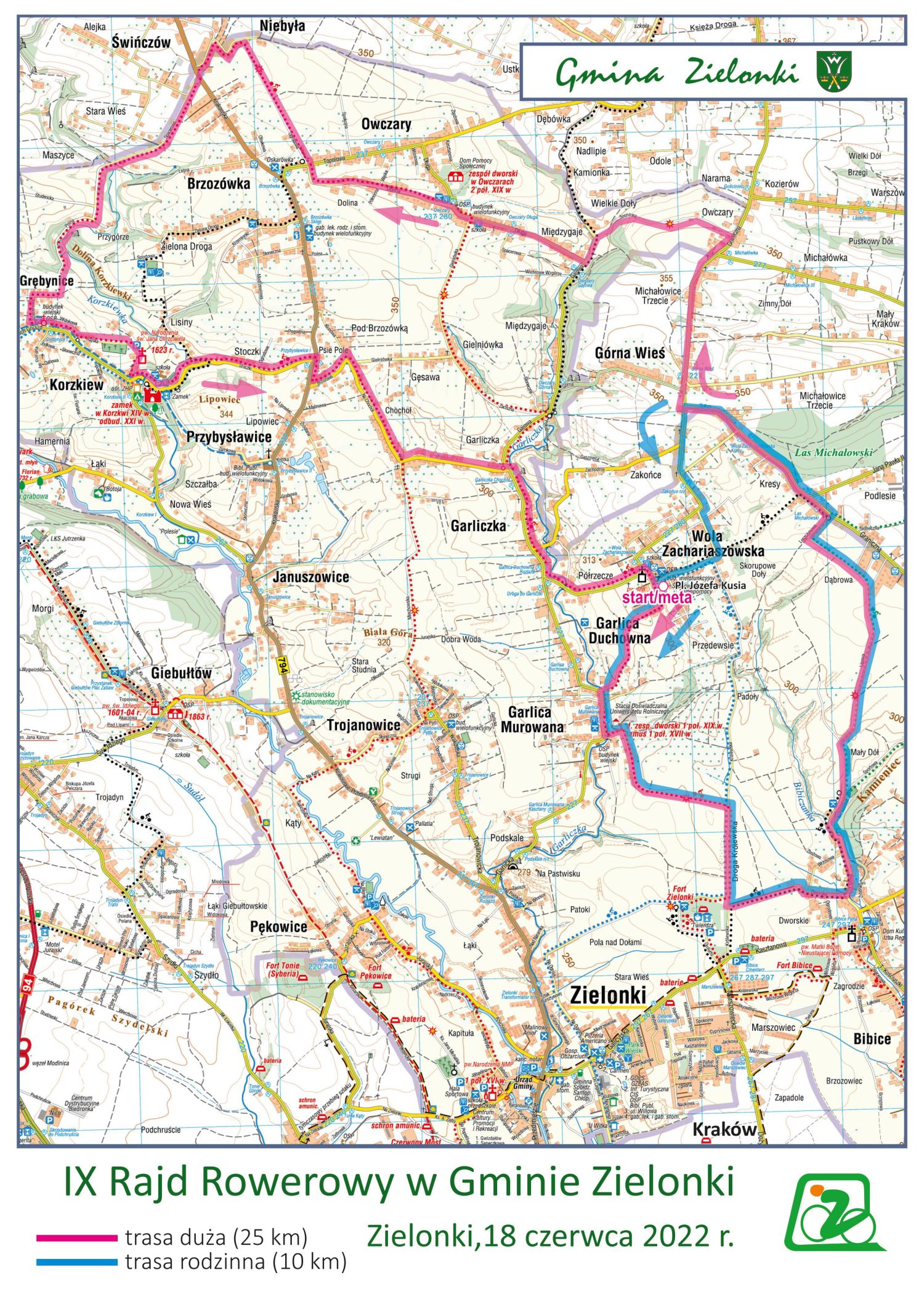 mapka trasy dłuższej i krótszej IX Rajdu Rowerowego