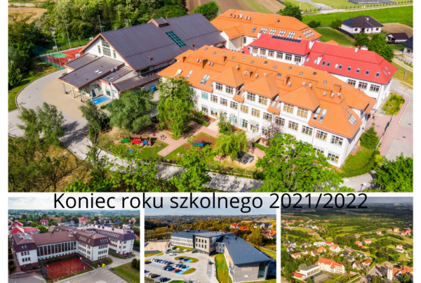 Kolaż zdjęć z budynkami 4 szkół podstawowych w gminie Zielonki