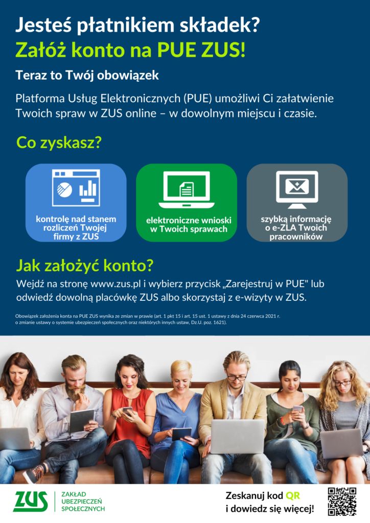 Plakat informujący o założeniu konta na platformie usług ekektronicznych PUE ZUS
