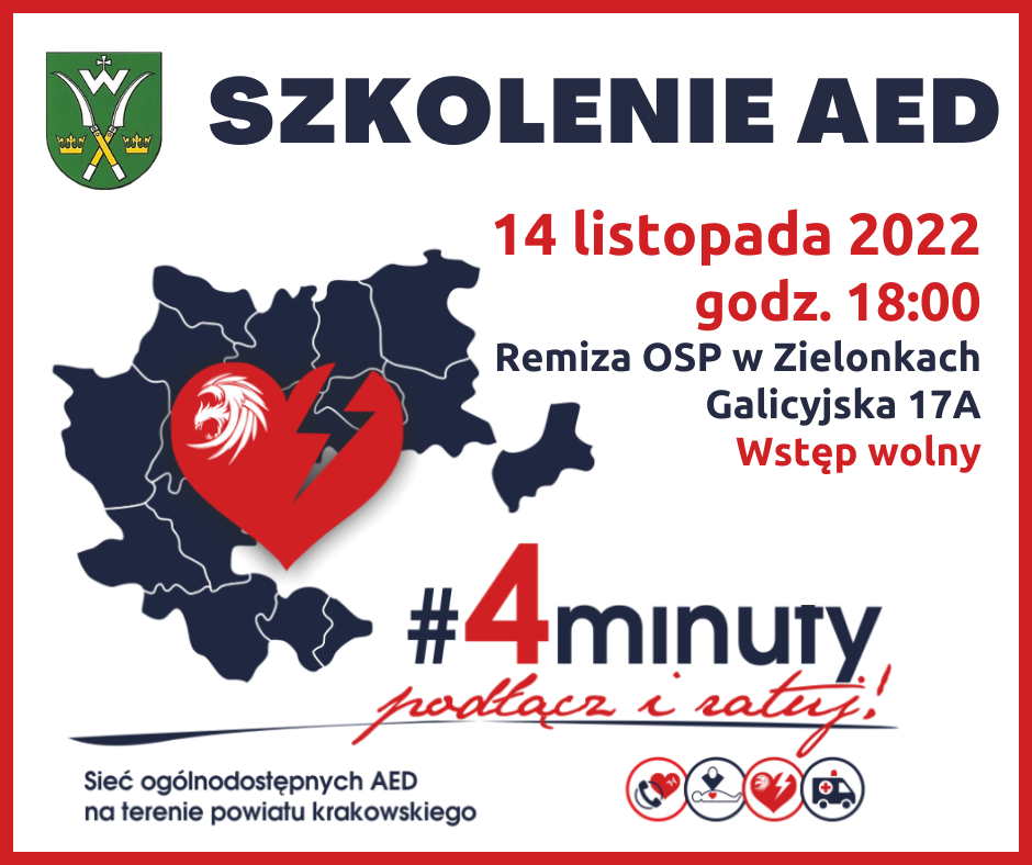 grafika z tekstem Szkolenie AED 14 listopada 2022 godz. 18:00Remiza OSP w Zielonkach Galicyjska 7A Wstęp wolny