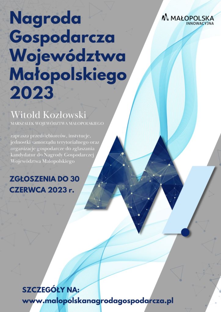 Plakat z tekstem: Nagroda Gospodarcza Województwa Małopolskiego 2023