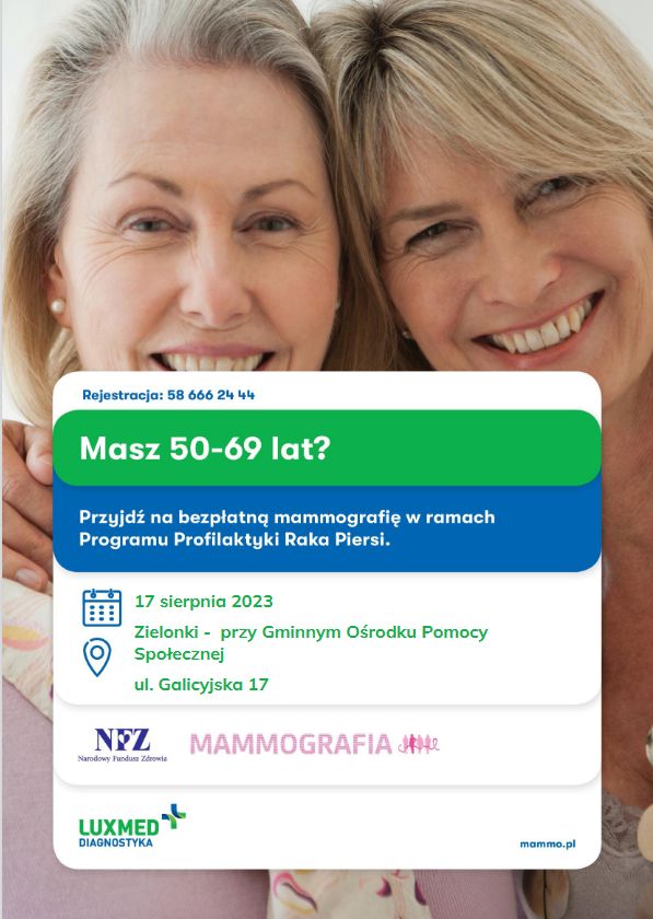 Plakat reklamujący bezpłatne badania mammograficzne, które odbędą się 17 sierpnia 2023 roku przy Gminnym Ośrodku Pomocy Społecznej w Zielonkach przy ul. Galicyjskiej 17 
