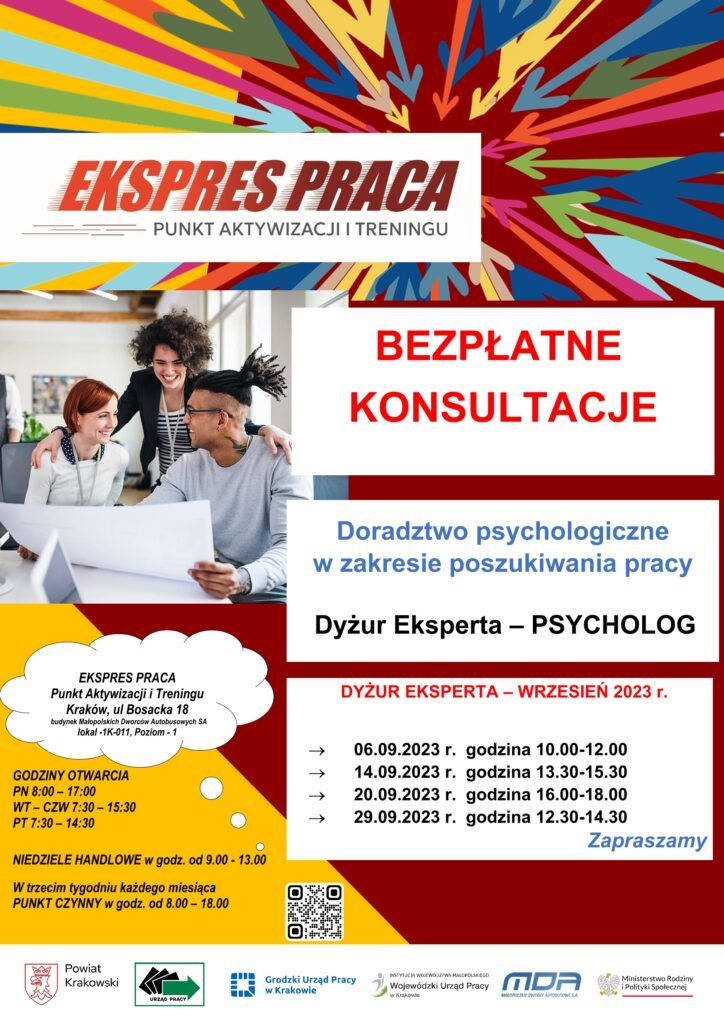 Plakat informujący o bezpłatnych konsultacjach psychologicznych w zakresie poszukiwania pracy - dyżur psychologa