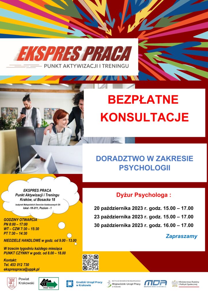 Plakat Bezpłatne doradztwo w zakresie psychologii w Punkcie Aktywizacji i Treningu Ekspres Praca w Krakowie