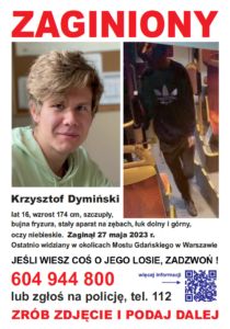 plakat informujący o zaginięciu 16 letniego Krzysztofa Dymińskiego