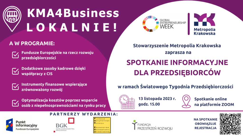 Plakat z tekstem Stowarzyszenie Metropolia Krakowska zaprasza na spotkanie informacyjne dla przedsiębiorców
