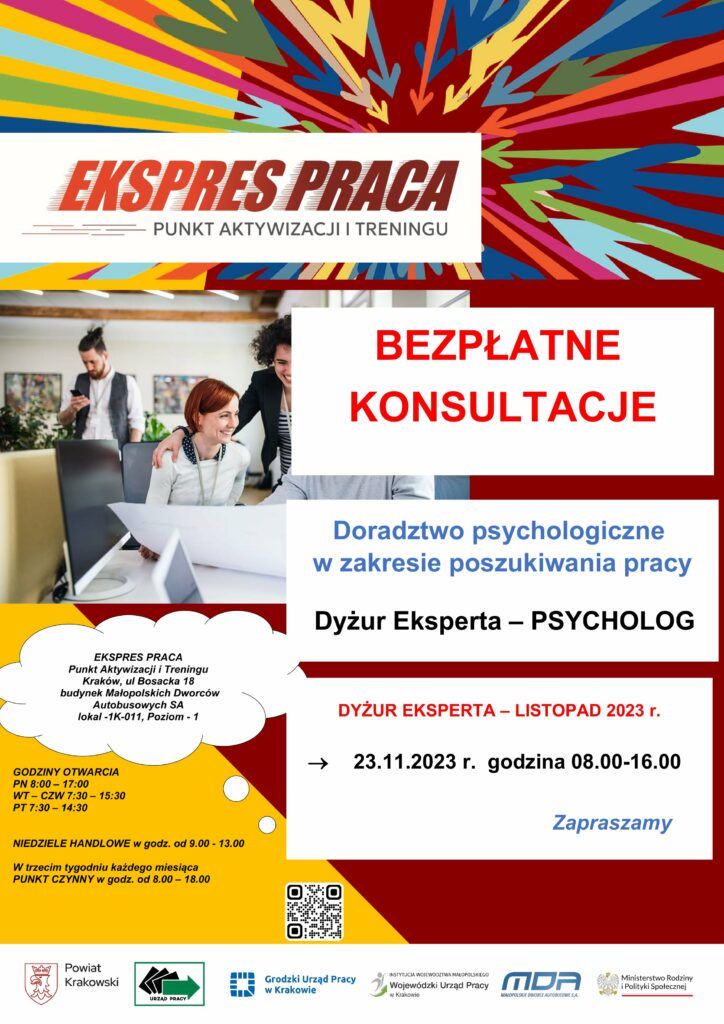 Plakat informujący o bezpłatnych konsultacjach w zakresie poszukiwania pracy - dyżur eksperta, psycholog
