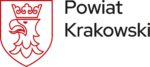 czerwony herb ilustrujący głowę orła z koroną z boku czarny tekst Powiat Krakowski